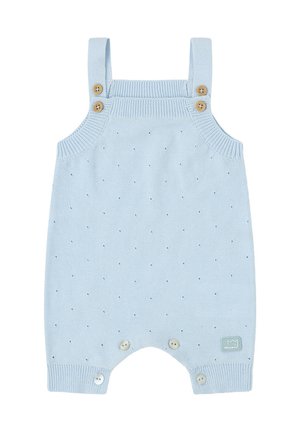Romper de punto azul claro con tirantes, botones de madera y un patrón texturizado de pequeños puntos azules. Incluye cierres a presión en la parte inferior.