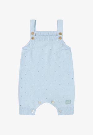 Romper de punto azul claro con tirantes, botones de madera y un patrón texturizado de pequeños puntos azules. Incluye cierres a presión en la parte inferior.