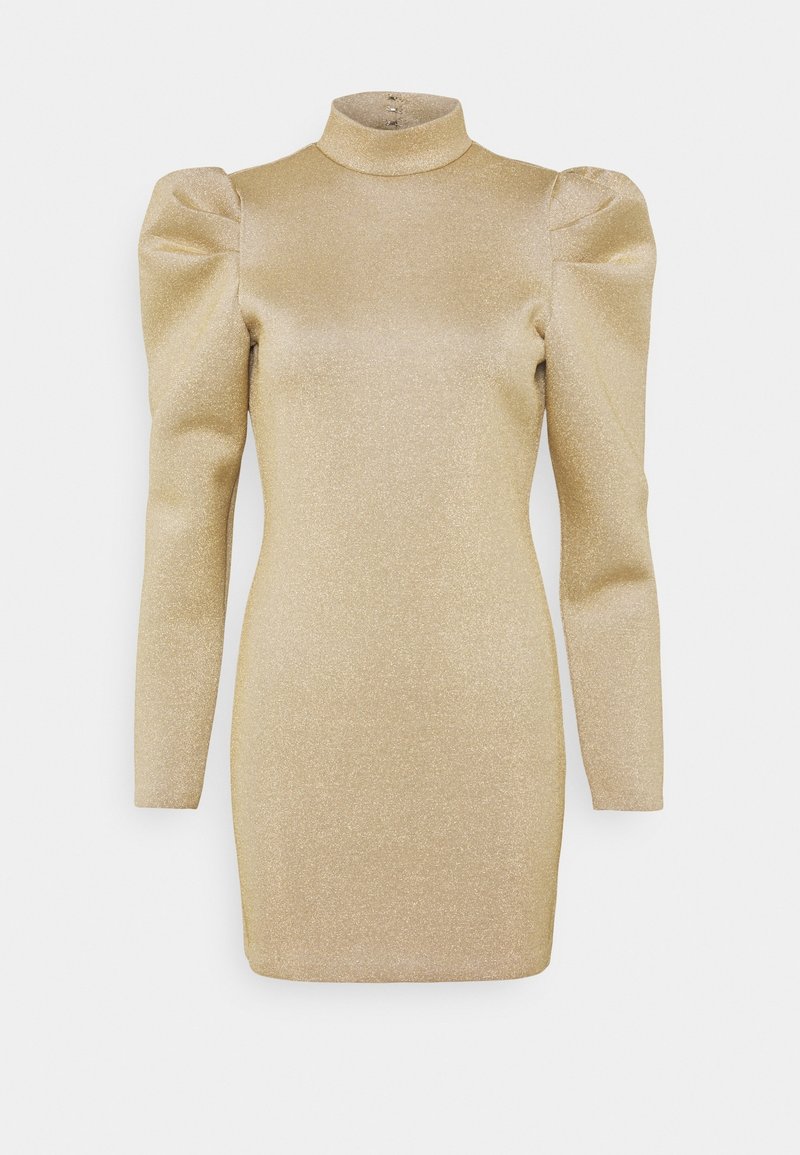Mini-robe dorée scintillante à manches longues avec un col montant et des épaules bouffantes, silhouette cintrée et fermeture par boutons au dos du cou.