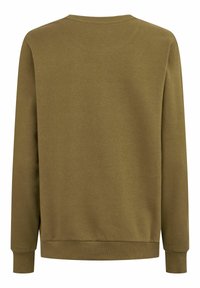 Zeleni pulover s krožnim ovratnikom, dolgimi rokavi, rebrastimi manšeti in hemom ter gladko teksturo. Hrbtna stran je enostavna, brez okrasnih elementov.