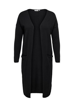 Black long cardigan made of soft fabric, featuring a loose fit, open front design, and two front pockets.