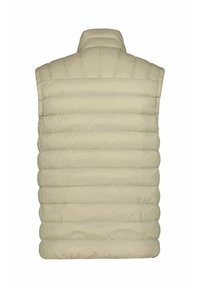 Gilet senza maniche beige con colletto alto, caratterizzato da un design trapuntato e cuciture orizzontali, che enfatizza l'isolamento e il calore.