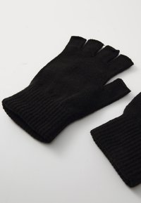 Black fingerless gloves made of knit material with ribbed cuffs and open fingertips, featuring a smooth texture and even stitching.