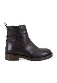 Braune Leder-Ankle-Boots mit glatter Textur, runder Zehenform und elastischem Seitenpaneel. Enthält eine dekorative Schnalle und einen niedrigen, gestapelten Absatz.