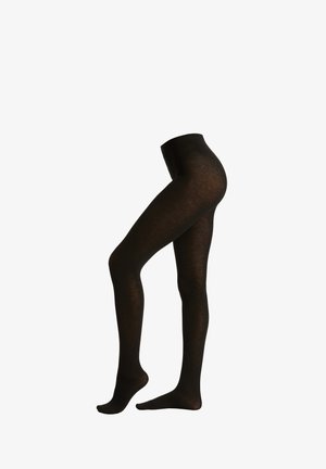 Schwarze, blickdichte Strumpfhosen mit glatter Textur, eng anliegendem Design und voller Beinhülle, die stehend vor einem weißen Hintergrund präsentiert werden.