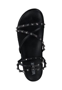Black sandal with multiple crossed straps featuring studded accents. The upper is made of textured material with a smooth sole.
