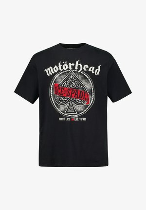 Sort bomulds t-shirt med et grafisk motiv af et spartegn med teksten "Motorhead" og "Ace of Spades" i hvidt og rødt. Løs pasform.