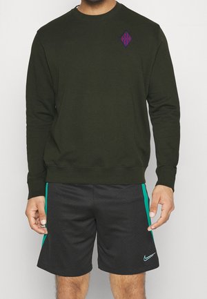Homme portant un sweat-shirt à manches longues vert foncé avec un petit motif violet sur la poitrine et un short Nike noir avec des bandes latérales vertes.