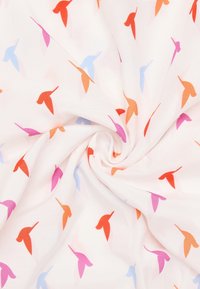 Fabric featuring a white background with small, colorful bird-like shapes in red, orange, pink, and blue arranged in a scattered pattern.