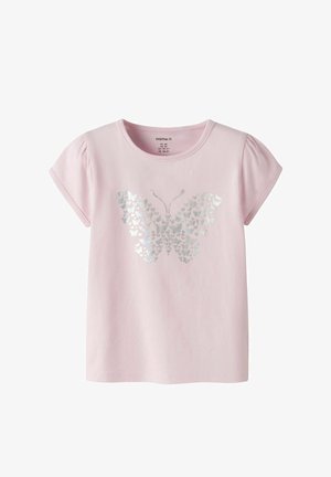 Vaaleanpunainen, lyhythihainen taaperon T-paita, jossa hopeinen perhossomiste koostuen pienistä perhosista paidan edessä.