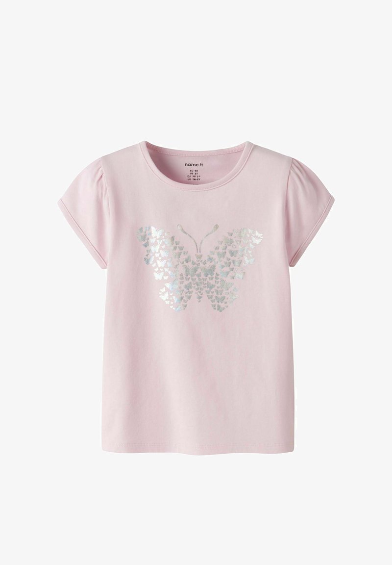 Ροζ ανοιχτό ροζ κοντομάνικο μπλουζάκι για νήπια με ασημί σχέδιο πεταλούδας από μικρές πεταλούδες στο μπροστινό μέρος.