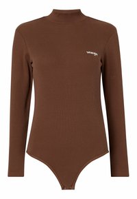 Bodysuit marrón de manga larga con textura acanalada, cuello alto y cierres a presión en la cintura. Presenta un pequeño logo blanco en el pecho.