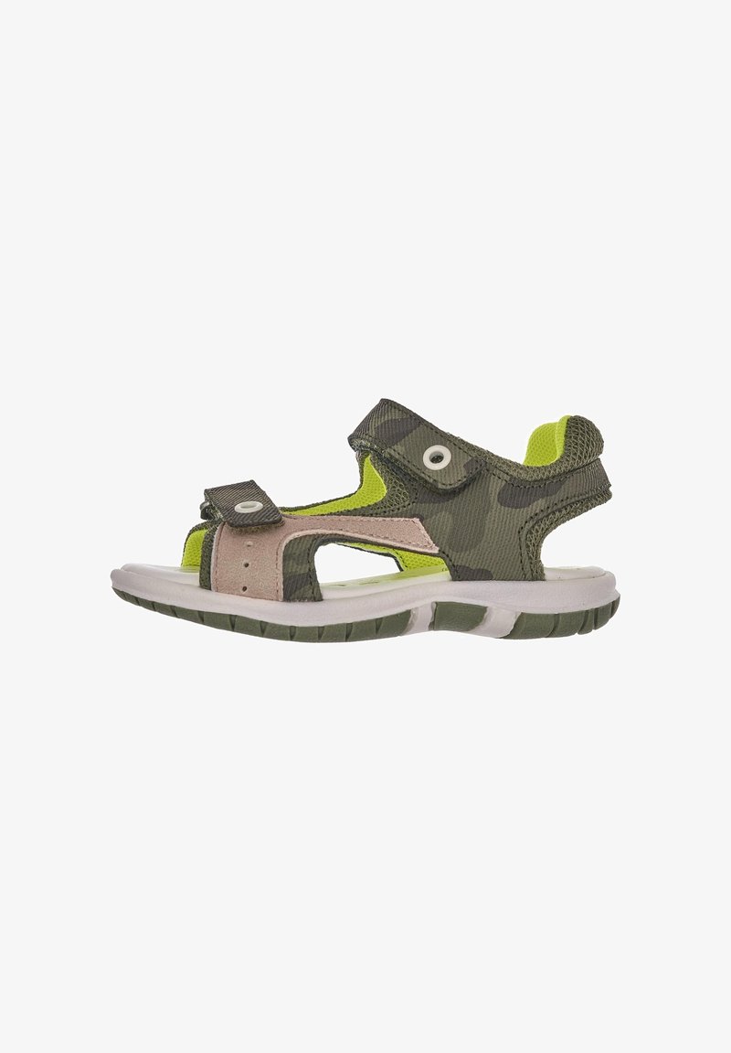 Sandal verde e sabbia con design aperto, cinturini in velcro regolabili, tessuto con motivo e suola bianca imbottita con dettagli verdi.