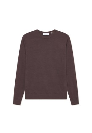Brown long-sleeve sweater made of soft fabric, featuring a crew neckline, ribbed cuffs, and a straight hem. Minimalistic design, no patterns.