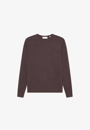 Brun langermet genser laget av mykt stoff, med rund hals, ribbede mansjetter og rett kant. Minimalistisk design, ingen mønstre.