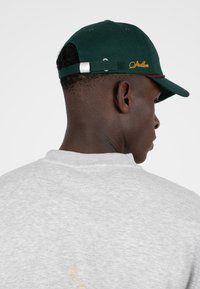 Groene katoenen sportpet met een gebogen rand, gouden borduursels en een verstelbare band aan de achterkant. Grijze sweater met een geribde kraag.