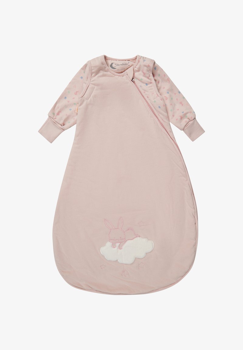 Rosa Schlafsack mit langen gemusterten Ärmeln. In der Mitte befindet sich ein Hase auf einer Wolke. Hergestellt aus weichem Stoff mit Reißverschluss.