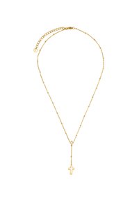 Goldfarbene Halskette mit einer zarten Kette, die rundliche Glieder und einen hängenden Kreuzanhänger aufweist. Schlichtes Design, leichtes Material.