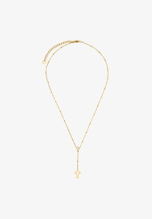 Gouden ketting met een delicate schakel, voorzien van ronde schakels en een hangend kruis die pendant. Eenvoudig ontwerp, lichtgewicht textuur.