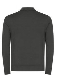 Polo grigio scuro a maniche lunghe con scollo a collo e orlo a coste. Tessuto liscio e vestibilità casual, ideale per essere indossato a strati.