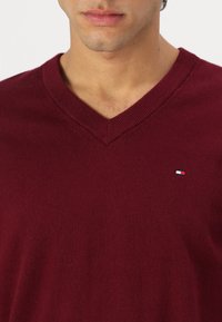 Pull col en V couleur bordeaux en tissu en maille fine, avec un petit logo brodé en bleu, blanc et rouge sur la poitrine gauche.