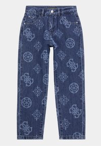 Niebieskie dżinsy z abstrakcyjnymi jasnoniebieskimi wzorami. Posiadają klasyczny pięciopszytny krój oraz zamek błyskawiczny z zapięciem na guzik.