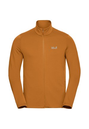 Heren outdoorjack in roestoranje met volledige ritssluiting, lange mouwen en hoge kraag, met het Jack Wolfskin-logo op de borst.