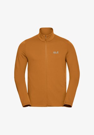 Heren outdoorjack in roestoranje met volledige ritssluiting, lange mouwen en hoge kraag, met het Jack Wolfskin-logo op de borst.