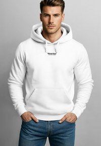 White hoodie with a front pocket and drawstrings, featuring a small black logo that says "Neverless Colorado River." Smooth texture.