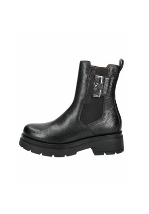 Black leather ankle boot with a textured finish, elastic side panels, and a small metal accent on the outer side. Thick rubber sole.