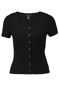 Svart ribbat kortärmad topp med rundad halsringning och sju bruna knappdekorationer framtill. Mjuk tygkvalitet, figurnära design.