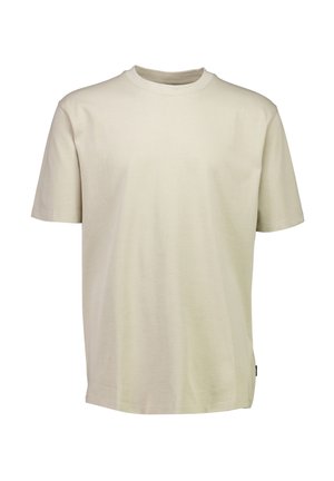 Maglietta a maniche corte in cotone beige chiaro, con collo rotondo, vestibilità rilassata e dettagli di cucitura minimali.