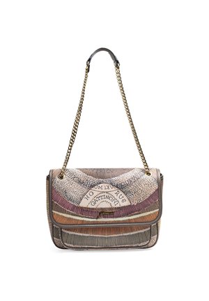 Leather shoulder bag with a gold chain strap, featuring a multicolored textured design and a front flap with printed accents.
