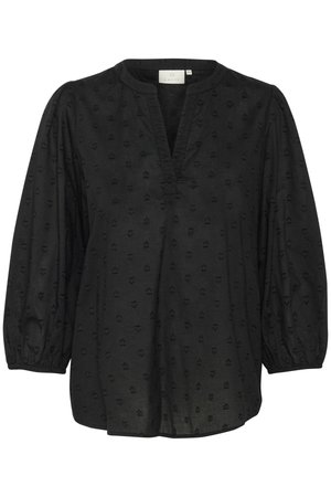 Blouse noire avec un col en V, des manches bouffantes trois-quarts et une texture subtile en forme de cœur sur le tissu. Matière légère.
