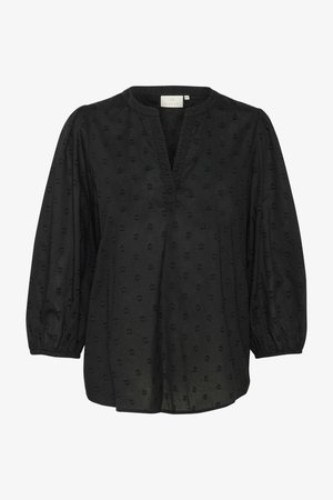 Blouse noire avec un col en V, des manches bouffantes trois-quarts et une texture subtile en forme de cœur sur le tissu. Matière légère.
