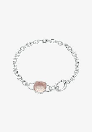 Bracelet chaîne en argent avec maillons ovales et un seul pendentif en pierre précieuse rose carrée, avec fermeture mousqueton.