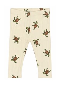 Tejfehér, bordázott leggings barna és zöld teknőc mintával, elasztikus derékpánttal és szoros szabással.