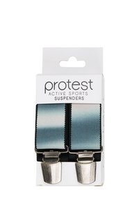 Actieve sportsuspenders met een gradient blauwe stof, voorzien van zilver metalen clips en een zwarte elastieken band voor bevestiging.