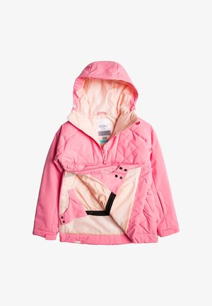 Chaqueta acolchada rosa con capucha desmontable, presenta un forro interior más claro en contraste, bolsillos y cierre frontal con cremallera y broches.