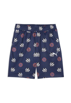 Pantalones deportivos azul marino hechos de tela transpirable, con un patrón de caras de panda y balones de baloncesto en blanco y naranja. Cintura elástica.