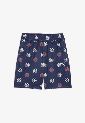 Donkerblauwe sportshorts gemaakt van ademende stof, met een patroon van panda gezichten en basketbalballen in wit en oranje. Elastische tailleband.