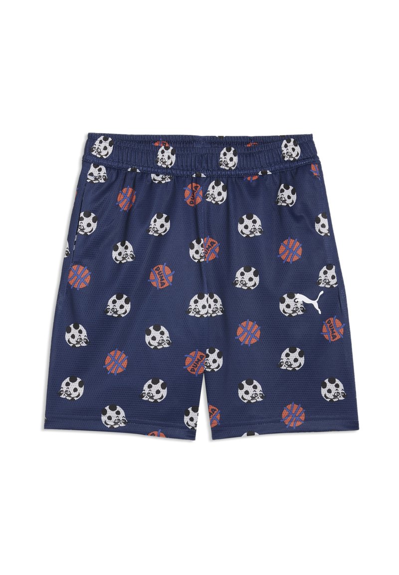 Shorts de sport bleu marine en tissu respirant, avec un motif de visages de pandas et de ballons de basket en blanc et orange. Taille élastique.