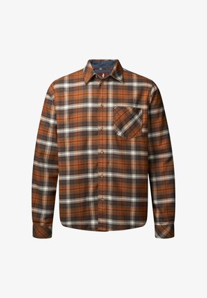 Rudas languotas flanelinis marškinis su oranžinėmis, baltomis ir pilkomis raštais; mygtukų užsegimas priekyje; viena kišenė kairėje pusėje; ilgos rankovės.