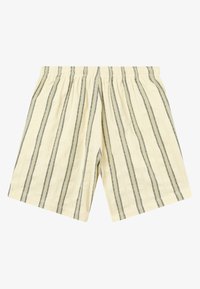 Short beige avec des rayures noires verticales et une ceinture élastique, présenté à plat sur un fond blanc.