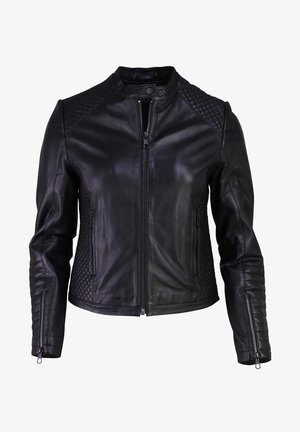 Chaqueta de motorista de cuero negro con paneles acolchados en los hombros y los laterales, cremallera frontal, puños con cremallera y cuello con botón a presión.