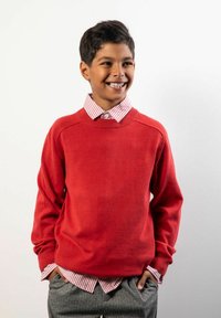 Czerwony sweter z okrągłym dekoltem, noszony na białej koszuli w czerwone paski. Widoczne są również szare spodnie w kratę oraz gładka tekstura.