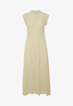 Maxi haljina svijetlo žute boje s naboranim korzetom, volanastim kratkim rukavima i dugmadi sprijeda. Suknja ima višeslojni dizajn s utisnutim točkicama.