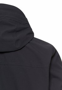 Schwarze wasserdichte Jacke mit Kapuze und oberem Rückenbereich, sichtbare Nahtnähte auf weißem Hintergrund.