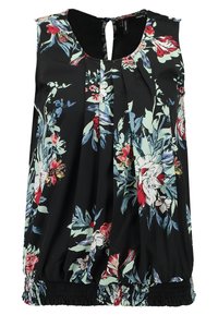 Black floral tank top with a keyhole neckline, featuring pleats and a cinched, textured elastic hem. Colorful flower patterns throughout.