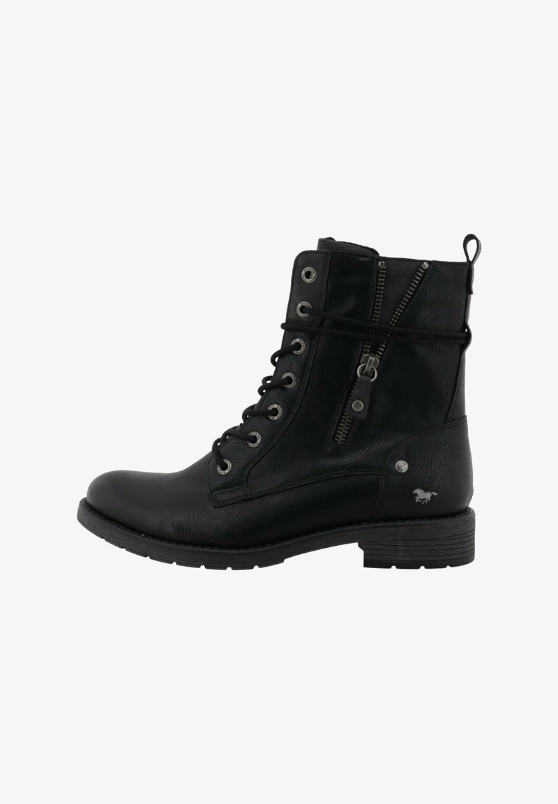Bottine noire en cuir avec laçage sur le devant, fermeture éclair latérale, boucle à l'arrière, talon bas et petit logo cheval près du talon.